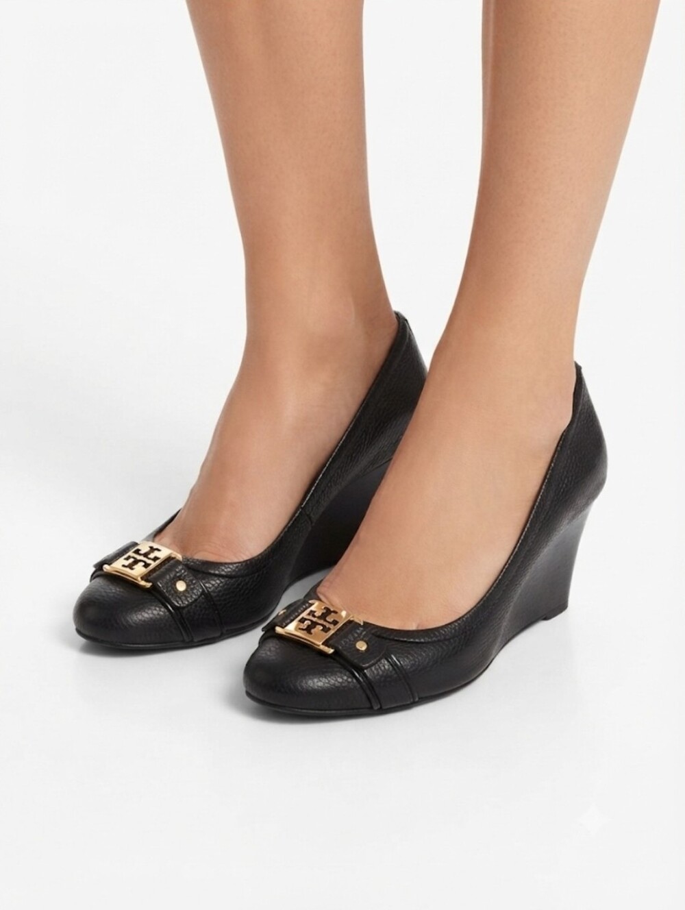Tory Burch Black Leather Logo-Embellished Wedges Size 7.5